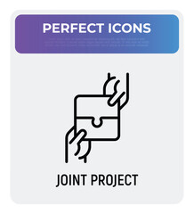 Joint project thin line icon. Teamwork, business cooperation, collaboration. Two hands hold pieces of puzzle. Successful partnership. Modern vector illustration.