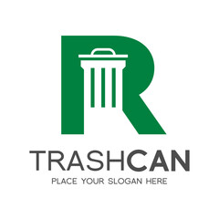 Letter R trash can vector logo template. This design use green color and nature theme. Suitable for recycle, reduce, font and text.