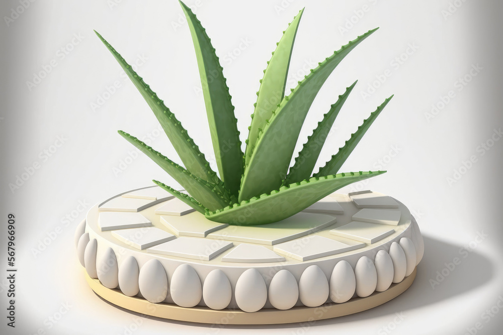 Wall mural Aloe vera is displayed on a platform made of white stone against a white background. Generative AI