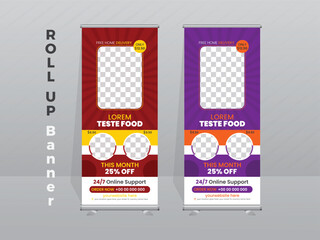 Corporate rollup banner template, advertisement, pull up, polygon background, vector illustration,  ,modern x-banner, rectangle size, banner for presentations, Food Modern roll up banner temp.