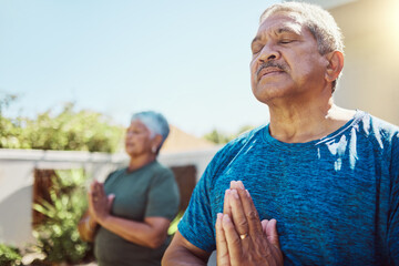 Senior couple, meditation and fitness exercise for wellness, zen and relax in garden, peace and calm. Health, workout and elderly man with woman in yard for training, meditating and cardio in Mexico - Powered by Adobe