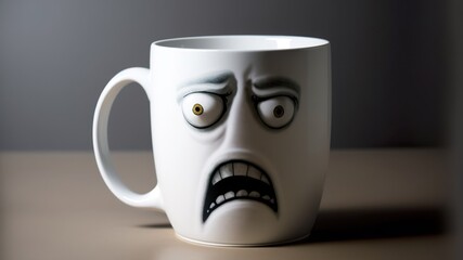 A white mug with a frustrated or angry face on a gray background. (Generative AI)