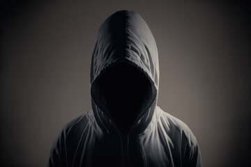 faceless unknown and unrecognizable man without identity wearing hood in dark room spooky criminal person. Generative AI