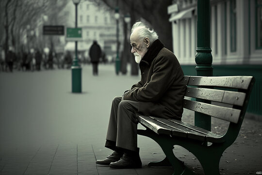 Lonely and sad old man sitting on a bench. lonely grandfather. ia generate