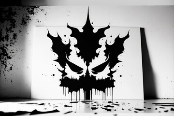 Using the rorschach inkblot process, a black and white abstract acrylic painting with color texture is displayed on a white piece of paper. Generative AI