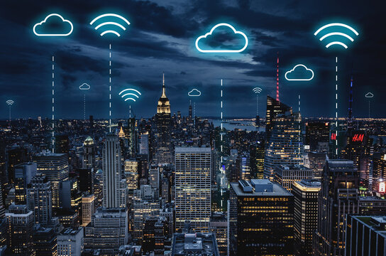 Cloud Data Services And Smart Connection Network System, Smart City Network Concept, Wireless Connection. New York City