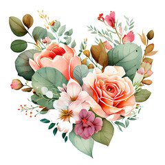 heart shaped rose bouquet, Romantic heart vignette made of vintage flowers  and leaves of roses in gentle retro style watercolor painting, PNG transparent background, generative AI.