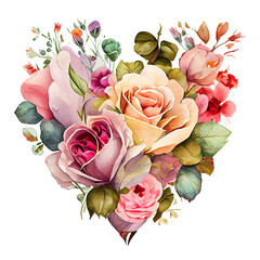 heart shaped rose bouquet, Romantic heart vignette made of vintage flowers  and leaves of roses in gentle retro style watercolor painting, PNG transparent background, generative AI. - obrazy, fototapety, plakaty