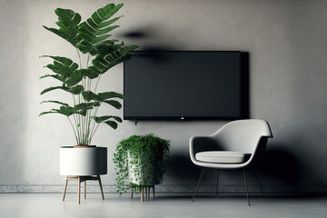 Mockup a TV in a contemporary living room with a plant and a chair against a background of a concrete wall. Generative AI