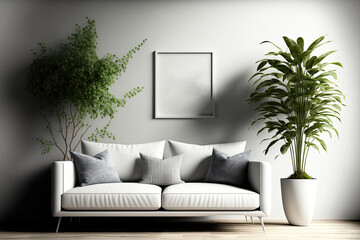 Interior design, wall mockup of a living room with a white sofa, a decorative plant, and a table lamp. Generative AI