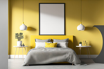 Interior front view of a bedroom with a yellow double bed occupying the room's center and a white floor. A lamp equipped glass bedside table. Poster. a mockup. Generative AI