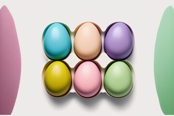 Top view of a row of pastel Easter eggs isolated on a white backdrop. Generative AI