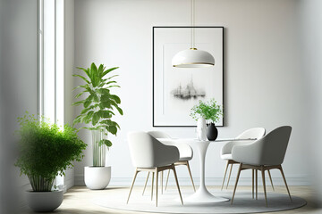 Interior design of stylish living room with modern neutral chairs and dining table. Mock up poster frames. Green plant in vase, decoration home decor. Template. High quality . 3D Illustration