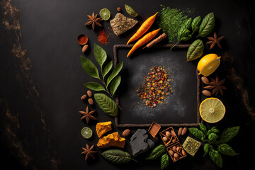 Spices and herbs on a background of black stone. with copy space, the top view. Generative AI