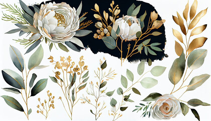 Watercolor seamless illustration border with green gold leaves, white flowers, rose,peony and branches, for wedding stationary, white backgrounds, wrappers, cards, greetings, wallpapers, generative AI