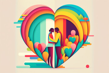 Couple hugging in heart shape celebrating Valentine's day illustration. Colorful heart shape couple holding each other. Generative AI