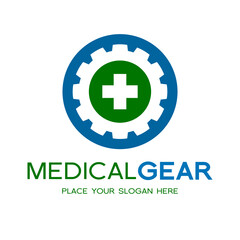 Obraz premium Medical Gear vector logo template. This design use technology and cross health symbol.