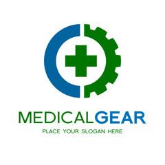 Medical Gear vector logo template. This design use technology and cross health symbol.