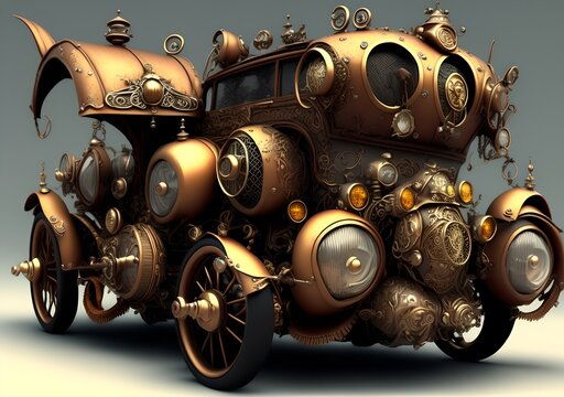 Fantasy Car in Steampunk Style, Generative AI Illustration