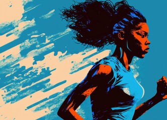 Obraz na płótnie Canvas Running young African woman in studio, with a blue background. a single female jogger or runner. Athlete jogging in silhouette. Action, movement, and a healthy living concept. abstract style