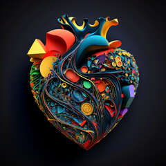3D real heart object with vibrant colors on isolated dark background. Generative AI