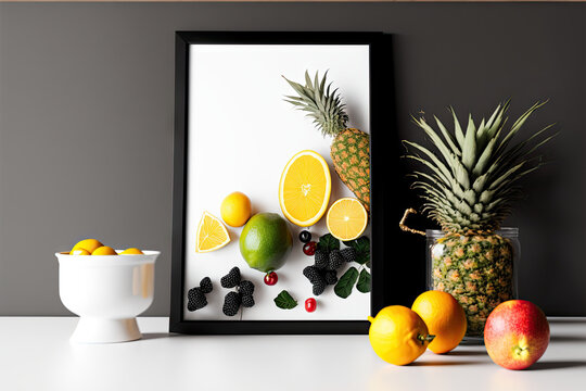 Mockup of a 10x15 cm, vertical, black frame on a white background. a table with fruits and a vertical black frame. Generative AI