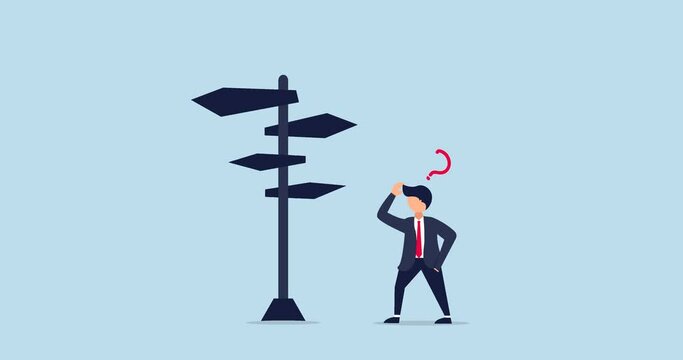 4k Animated Flat Design of confusing businessman looking at multiple road sign with question mark and thinking which way to go