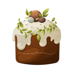 Traditional easter cake decorated with white glaze, colorful candies, leaves. Isolated vector illustration, cartoon style. Sweet flour product for the holiday