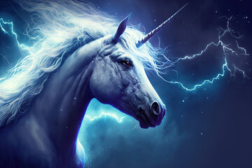 Fototapeta na wymiar Illustration of a unicorn against a blue fantasy sky and galaxy background. Fantasy Horse in CG digital painting with lightning bolt and the idea of a bedtime story. Generative AI