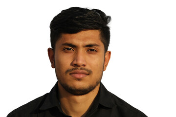 Young Indian Man face portrait with a casual smiling look, isolated transparent background.