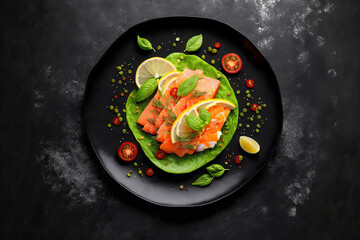 On a dark stone background, salmon salad with green leaves, avocado, and tomato. copy space in the top view. Generative AI