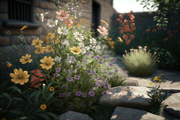 Fototapeta na wymiar Summer flowers in a garden. Generative AI