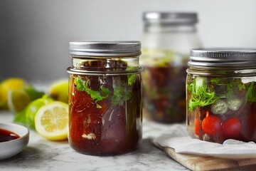 Fototapeta na wymiar Homemade greek salad dressing or marinade in a glass jar. Generative AI