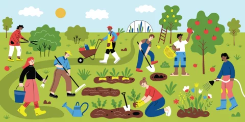 Fotobehang People working in garden, hand drawn gardening and farming scene, cartoon characters planting, digging, spring garden composition, doodle icons of garden beds, trees, flowers, vector illustration © Elena