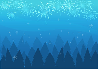 Merry Christmas and Happy New Year background with tree and snow fall and fireworks on sky blue background, winter and wind background, blue fireworks with holiday celebration symbols.