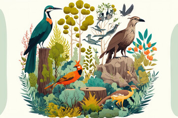 Concept of ecosystem and biodiversity. various woodland environments, carnivores, birds in the wild, and nature. diverse wildlife and flora. Flat illustration image isolated on a white backdrop - obrazy, fototapety, plakaty