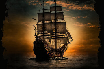 At dusk, a pirate ship is seen sailing on the water. vintage voyage. Generative AI