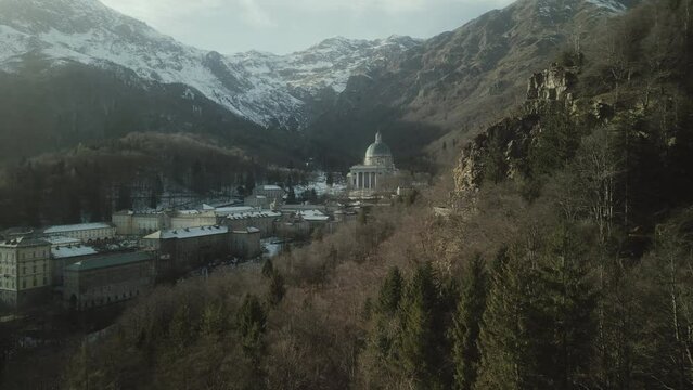 Cinematic Oropa Sanctuary drone view, Biella Italy
