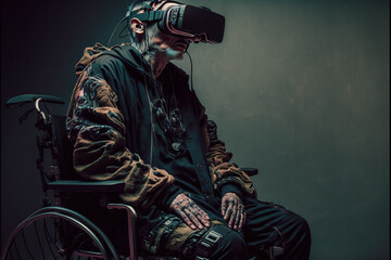 studio shot of a man with disabilities wearing a VR equipment