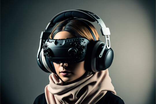 studio shot of a young woman wearing a VR device