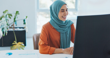 Corporate muslim woman, wave and video call with computer, smile and online communication in...