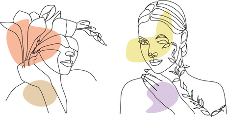 Abstract face with flowers by one line vector drawing. Portrait minimalistic style. Botanical print. Nature symbol of cosmetics. Modern continuous line art. Fashion print. Beaty salon logo.