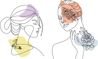 Abstract face with flowers by one line vector drawing. Portrait minimalistic style. Botanical print. Nature symbol of cosmetics. Modern continuous line art. Fashion print. Beaty salon logo.
