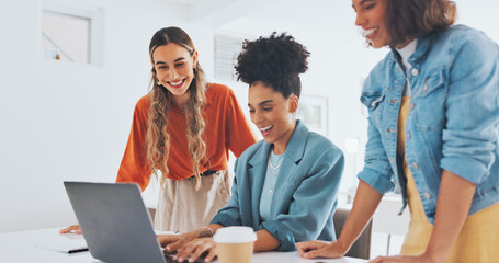 Laptop, success or women high five at work in celebration of digital marketing sales goals or kpi...