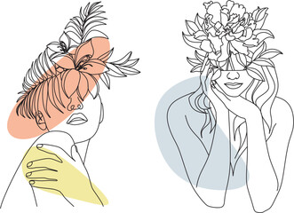 Abstract face with flowers by one line vector drawing. Portrait minimalistic style. Botanical print. Nature symbol of cosmetics. Modern continuous line art. Fashion print. Beaty salon logo.