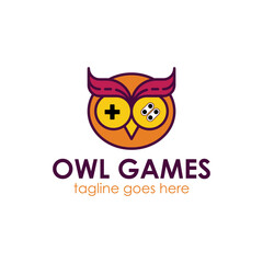 Owl Games Logo Design Template with owl icon and joystick. Perfect for business, company, mobile, app, etc.