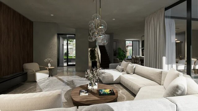 Living room interior in a luxurious modern house. 3D animation.