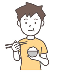 お茶碗を持って、ご飯を食べる男性、シンプル