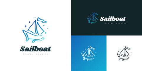 Simple and Minimalist Sailboat Logo with Hand Drawn Style and Blue Gradient