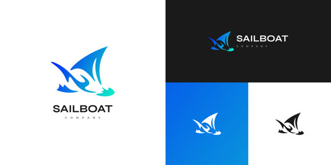 Abstract and Simple Sailboat Logo Design in Blue and Green Gradient Style. Ship Logo or Icon